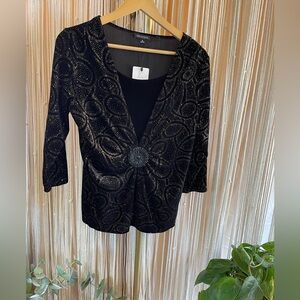 90s Y2K Notations Black & Gold sparkle velvet top/faux cardigan set